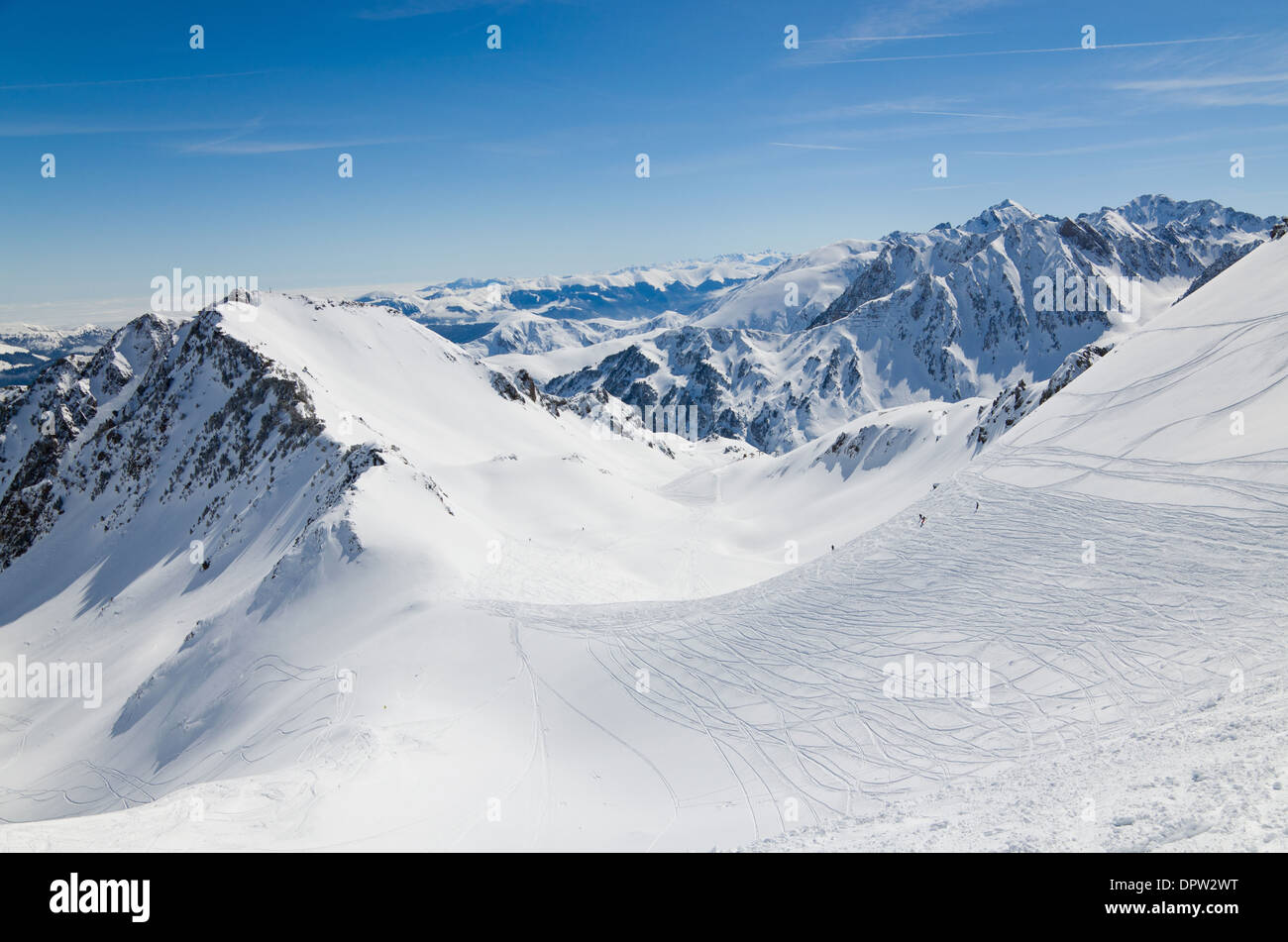 Soleggiato discese con gli sciatori lo scorrimento verso il basso sono fotografati contro la coperta di neve la gamma della montagna dei Pirenei. Foto Stock