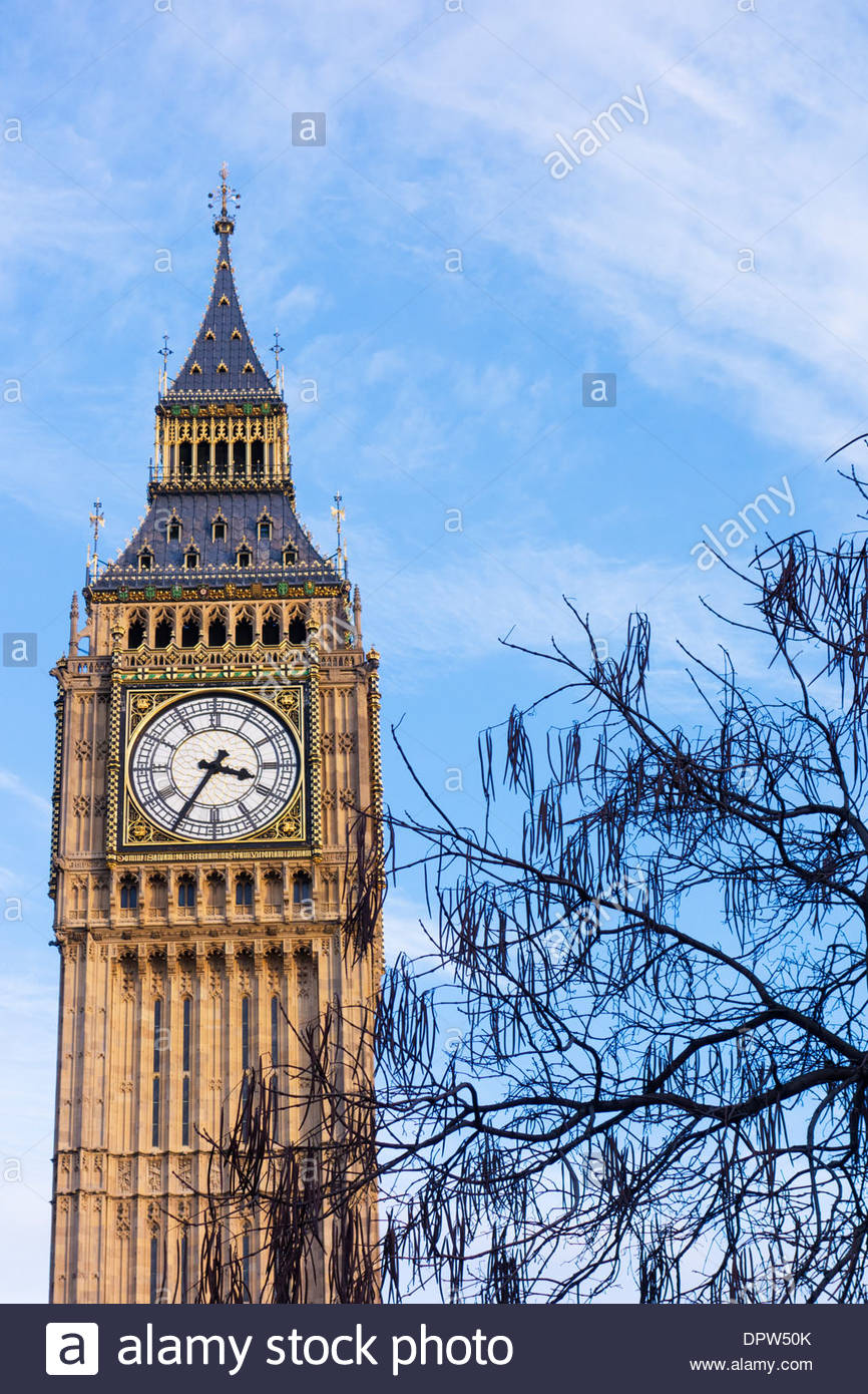 Londra, Inghilterra. Inverno tardo pomeriggio di luce che cade sul Palazzo di Westminster, Elizabeth Torre (Big Ben). Foto Stock