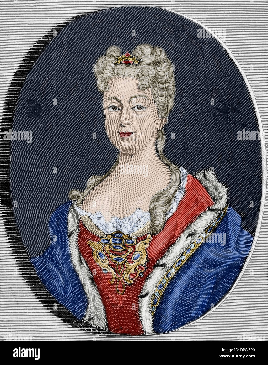 Di Elisabetta Farnese (1692-1766). Regina consorte di Spagna, moglie di Filippo V. incisione colorata. Foto Stock