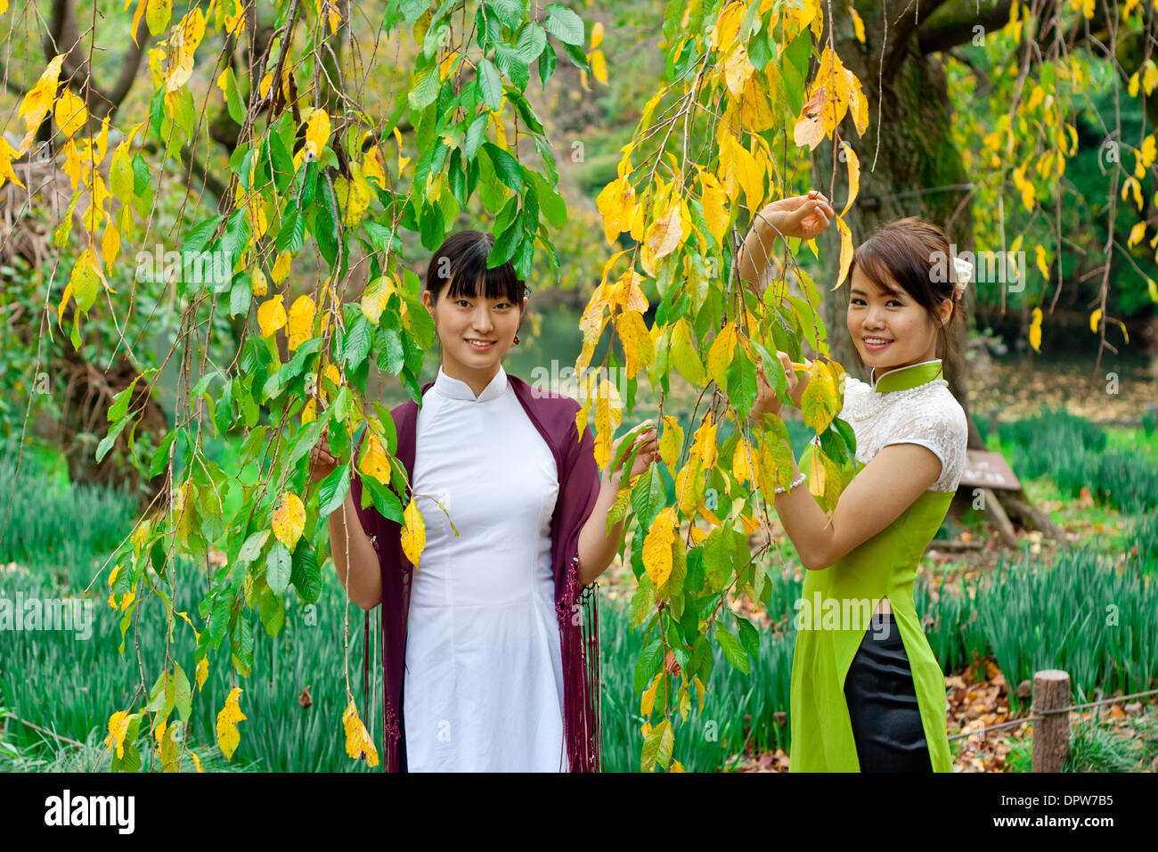 Due donne giovani dietro rami sorridenti alla macchina fotografica. Foto Stock