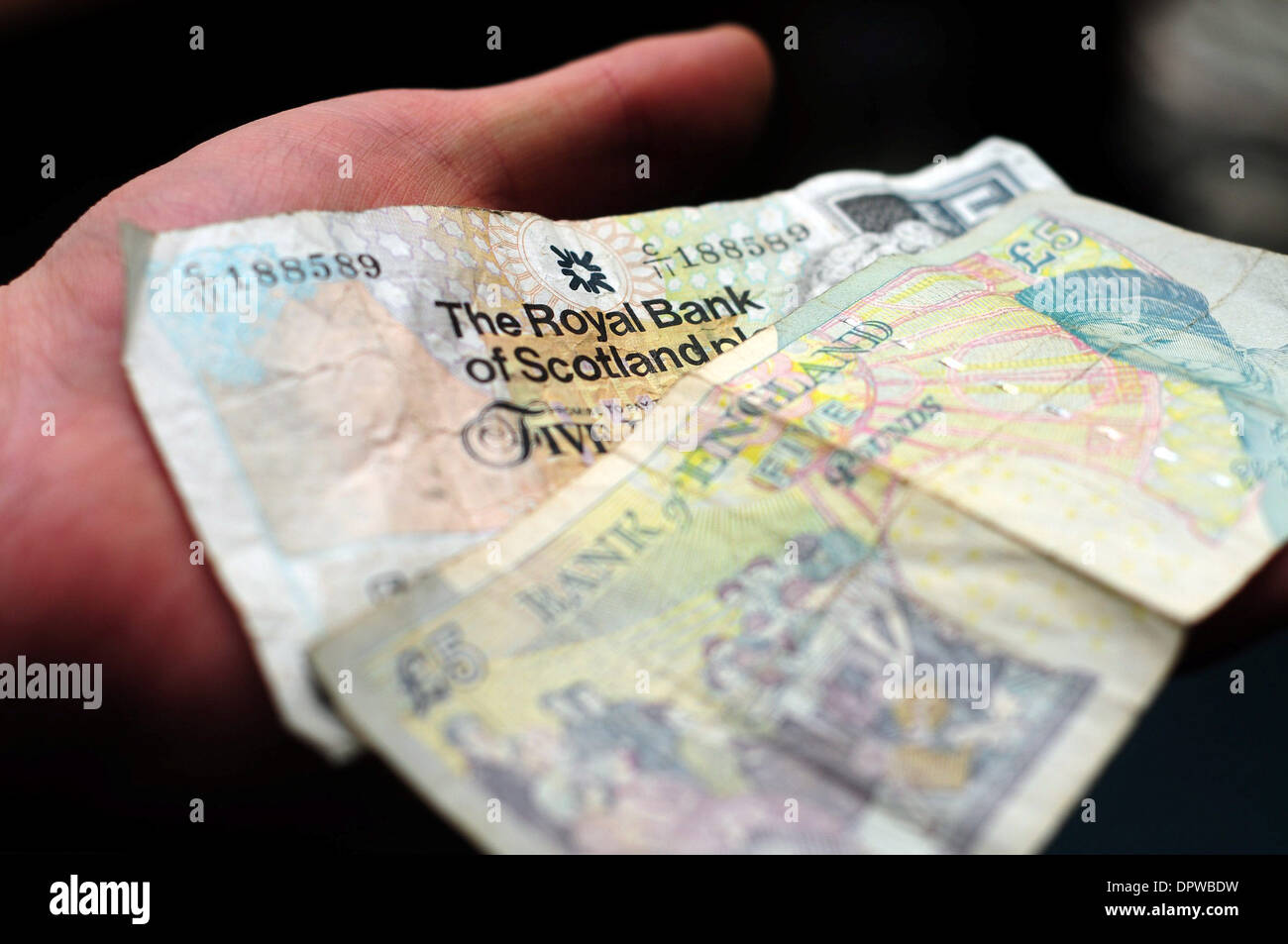 La scozzese e inglese cinque Pound nota. Foto Stock