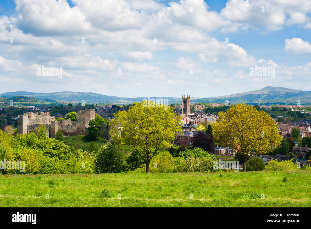 La città mercato di Ludlow come visto da Whitcliffe comune in primavera, Shropshire, Inghilterra Foto Stock