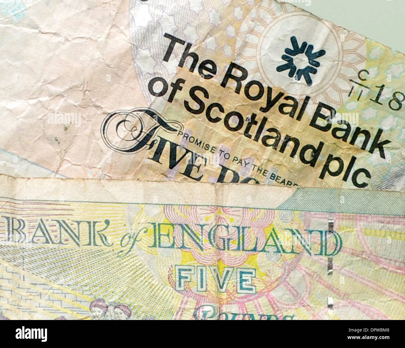La scozzese e inglese cinque Pound nota. Foto Stock