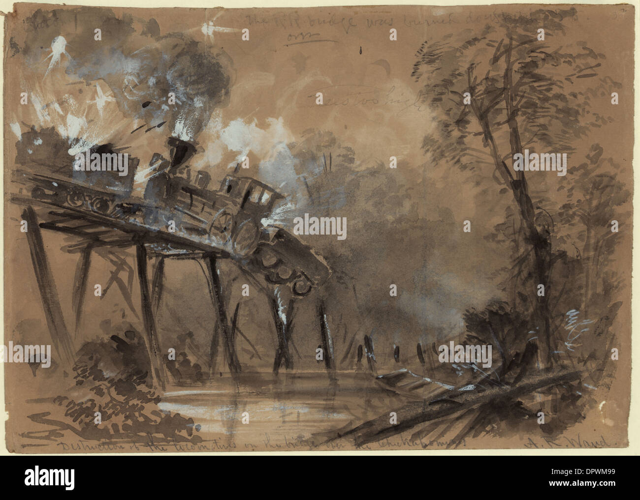 Distruzione dei locomotori sul ponte sopra il fiume Chickahominy nel 1862. Disegno di Alfred Rudolph Waud (1828-1891). Foto Stock