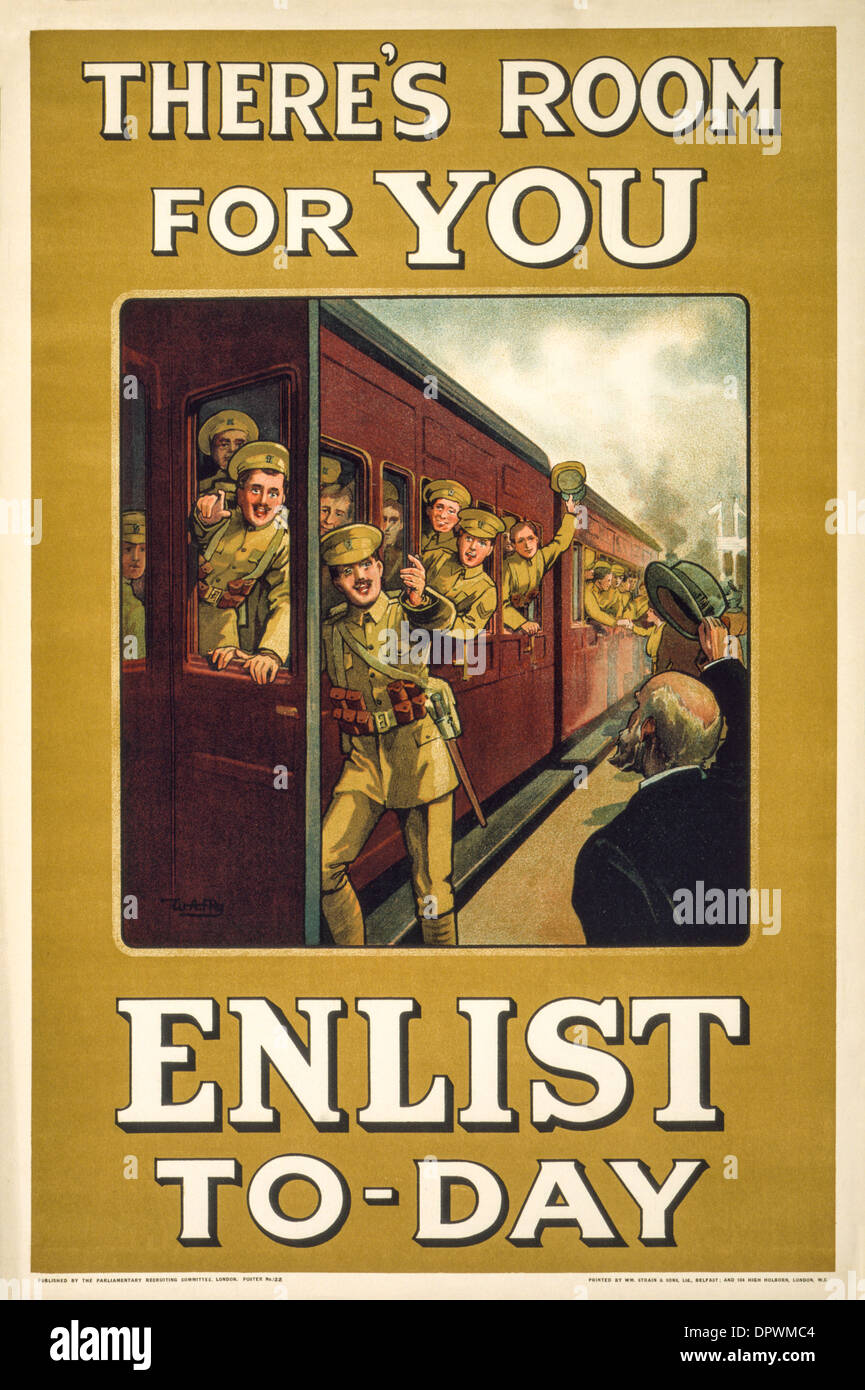 "C'è spazio per voi arruolarsi per giorno di guerra mondiale 1 poster di assunzione che mostra i soldati di salire a bordo di un treno per la lotta contro la guerra. Foto Stock