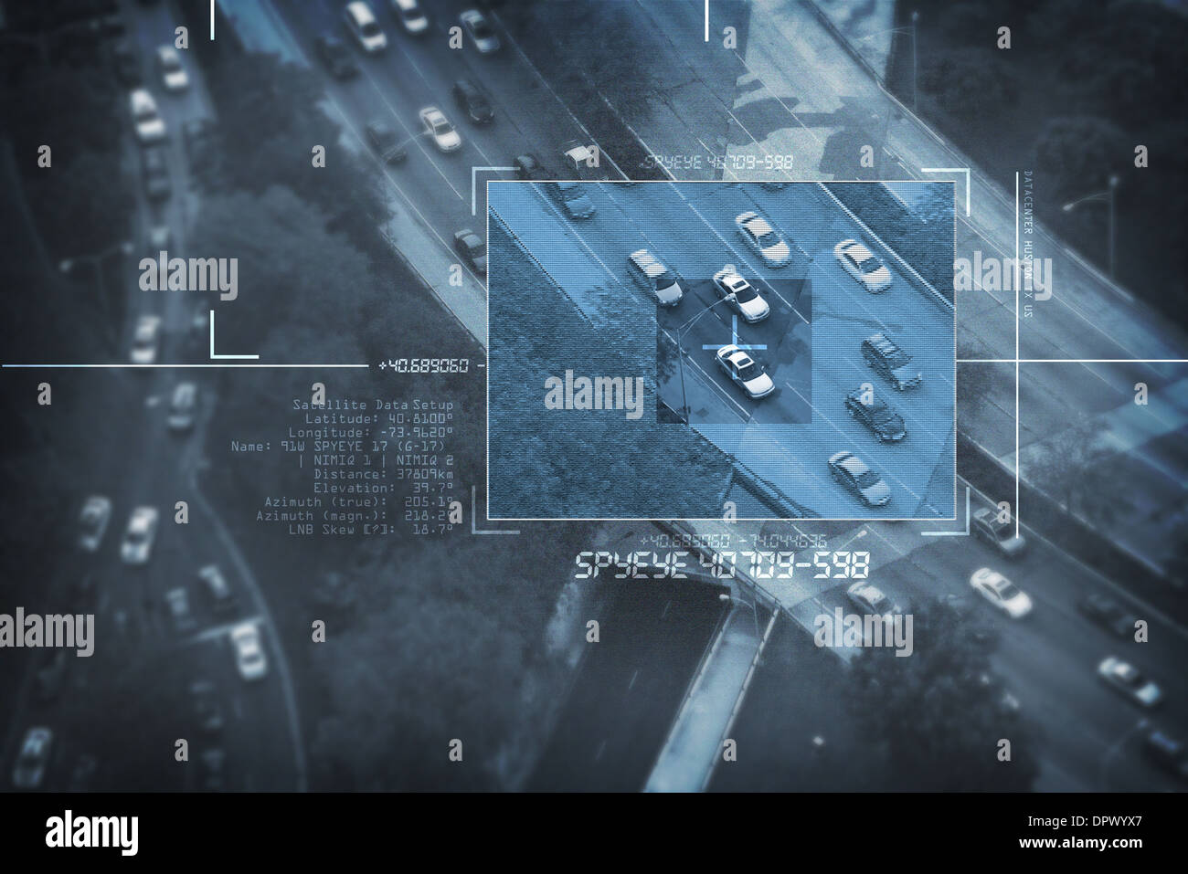 Via satellite spia Digital Bird Eye View - Ricerca per auto sospette nel pomeriggio i pendolari. Digital Spy Tema di bersagliamento. La sorveglianza Foto Stock