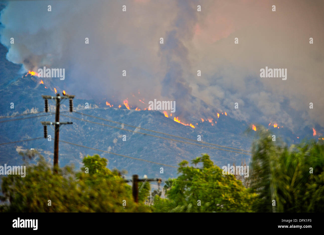 Los Angeles, Glendora. 16 gennaio, 2014. Incendio divampa all'Angeles National Forest, a nord di Glendora, gen. 16, 2014. La Colby Fire, riportato a circa 6 del mattino come un campo di controllo di fuoco, è cresciuto a 1.700 acri e causato fumo denso sopra la Los Angeles regione. Credito: Zhang Chaoqun/Xinhua/Alamy Live News Foto Stock