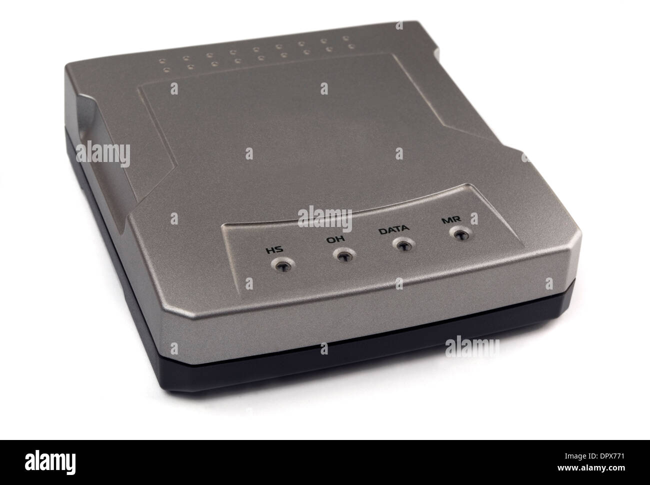 Argento ad alta velocità modem via cavo isolato su bianco Foto Stock