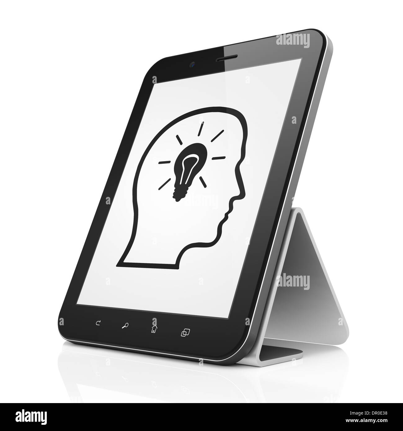 Il concetto di pubblicità: Testa con lampadina su tablet pc Foto Stock