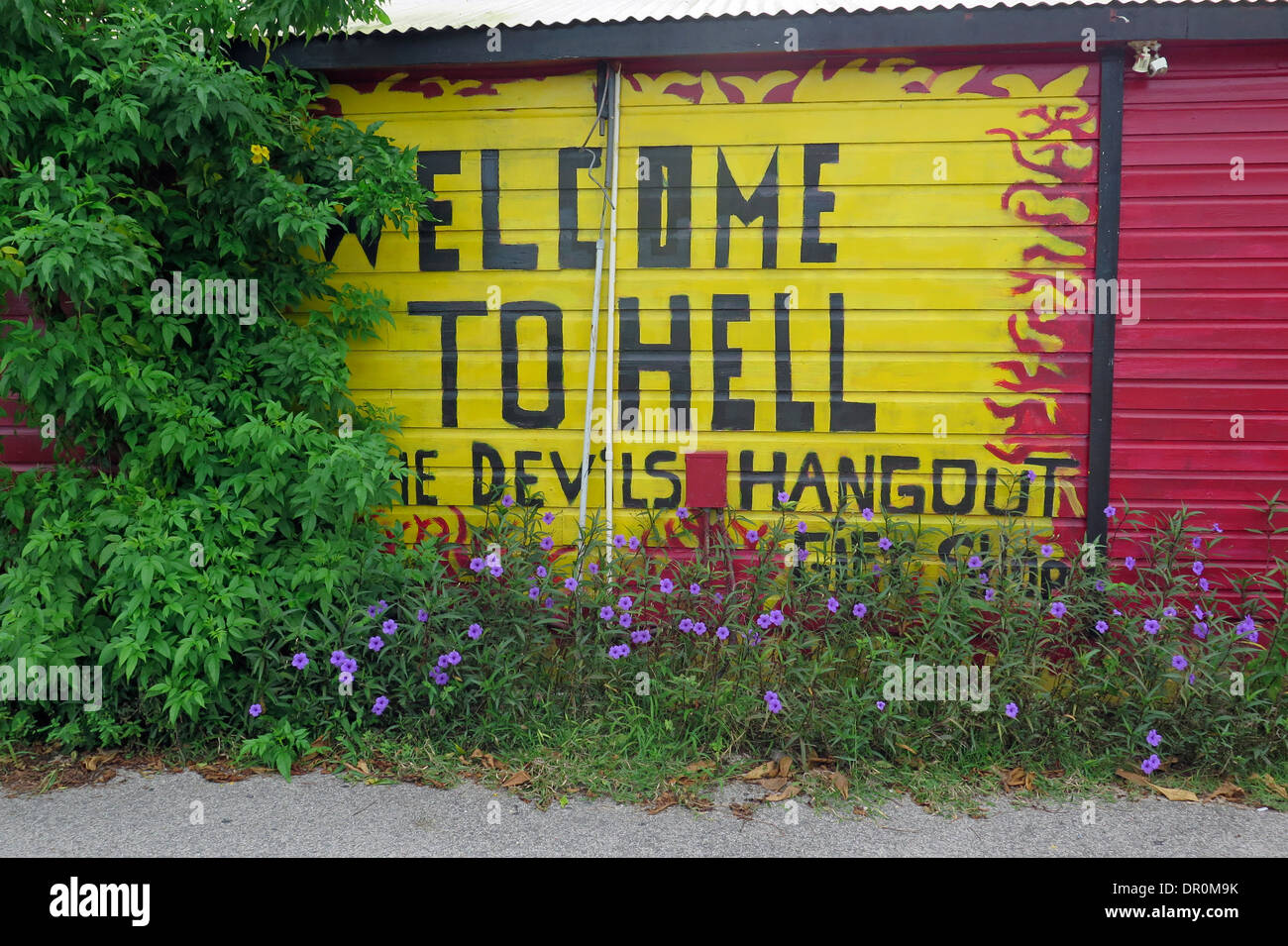 Benvenuti all'inferno segno sull'isola Grand Cayman Foto Stock