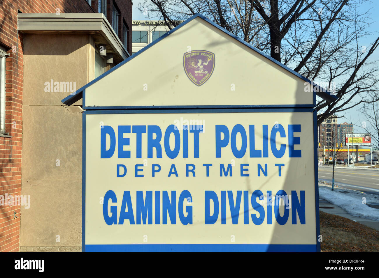 Detroit, STATI UNITI D'AMERICA. Xii gen, 2014. Un segno di Detroit il dipartimento di polizia di divisione di gioco mostrato nel centro di Detroit, Stati Uniti d'America, 12 gennaio 2014. Foto: Uli Deck/dpa/Alamy Live News Foto Stock