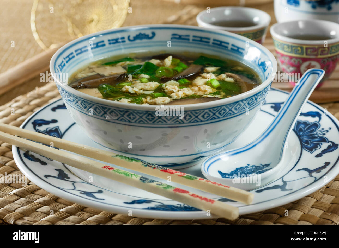 Uovo zuppa di caduta con tofu e funghi secchi. Cucina cinese Foto Stock