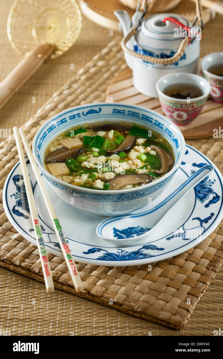 Uovo zuppa di caduta con tofu e funghi secchi. Cucina cinese Foto Stock