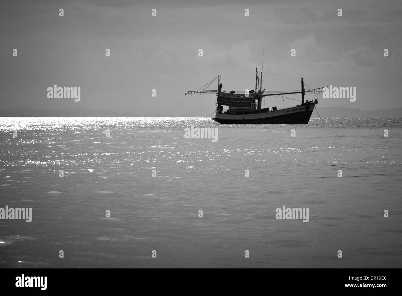 Barca da pesca e il bellissimo paesaggio nel Mare delle Andamane, Phi Phi Island, Thailandia. Foto Stock