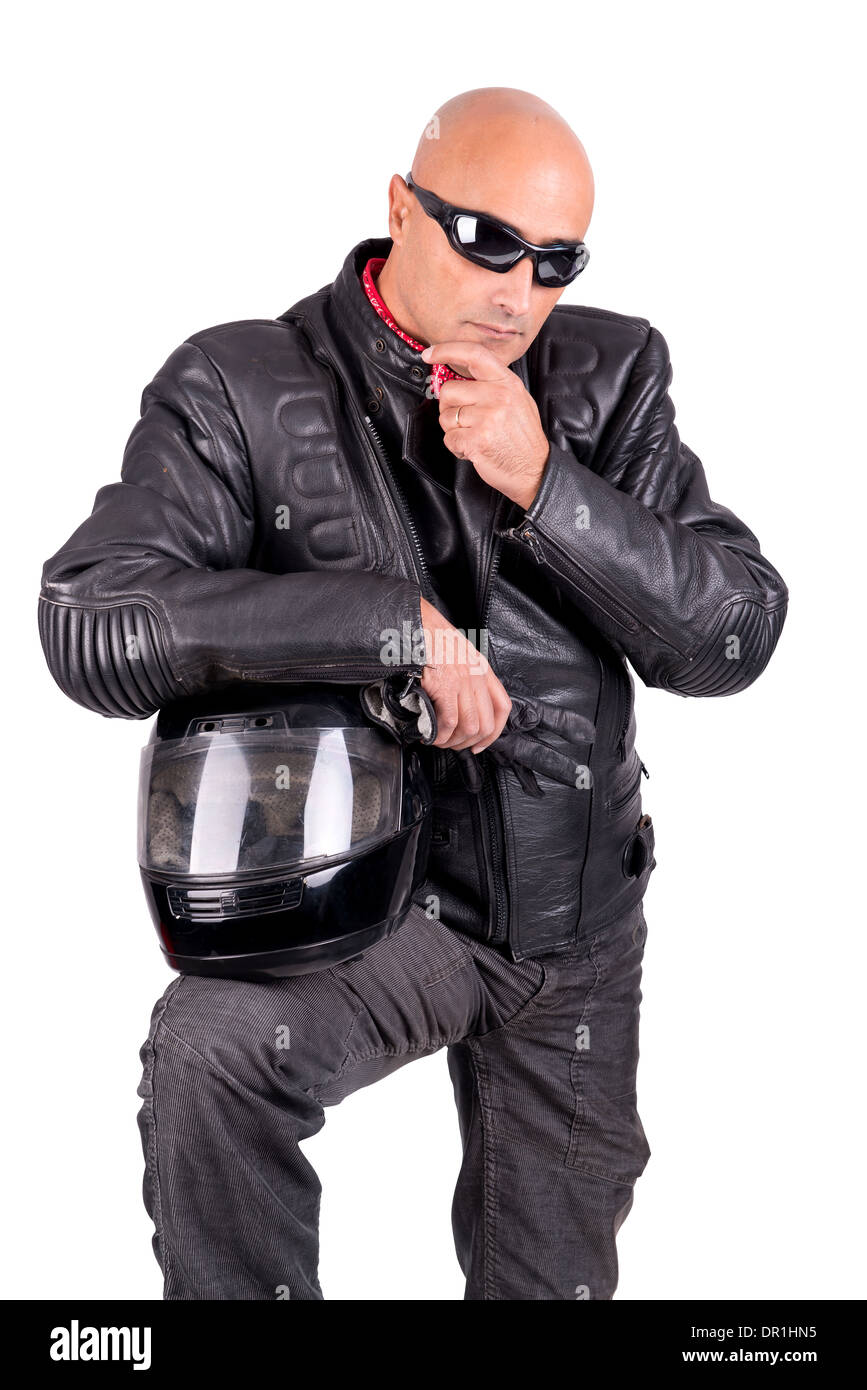 Biker in giacca di pelle con casco isolato in bianco Foto Stock Biker in giacca di pelle con casco isolato in bianco Foto Stock