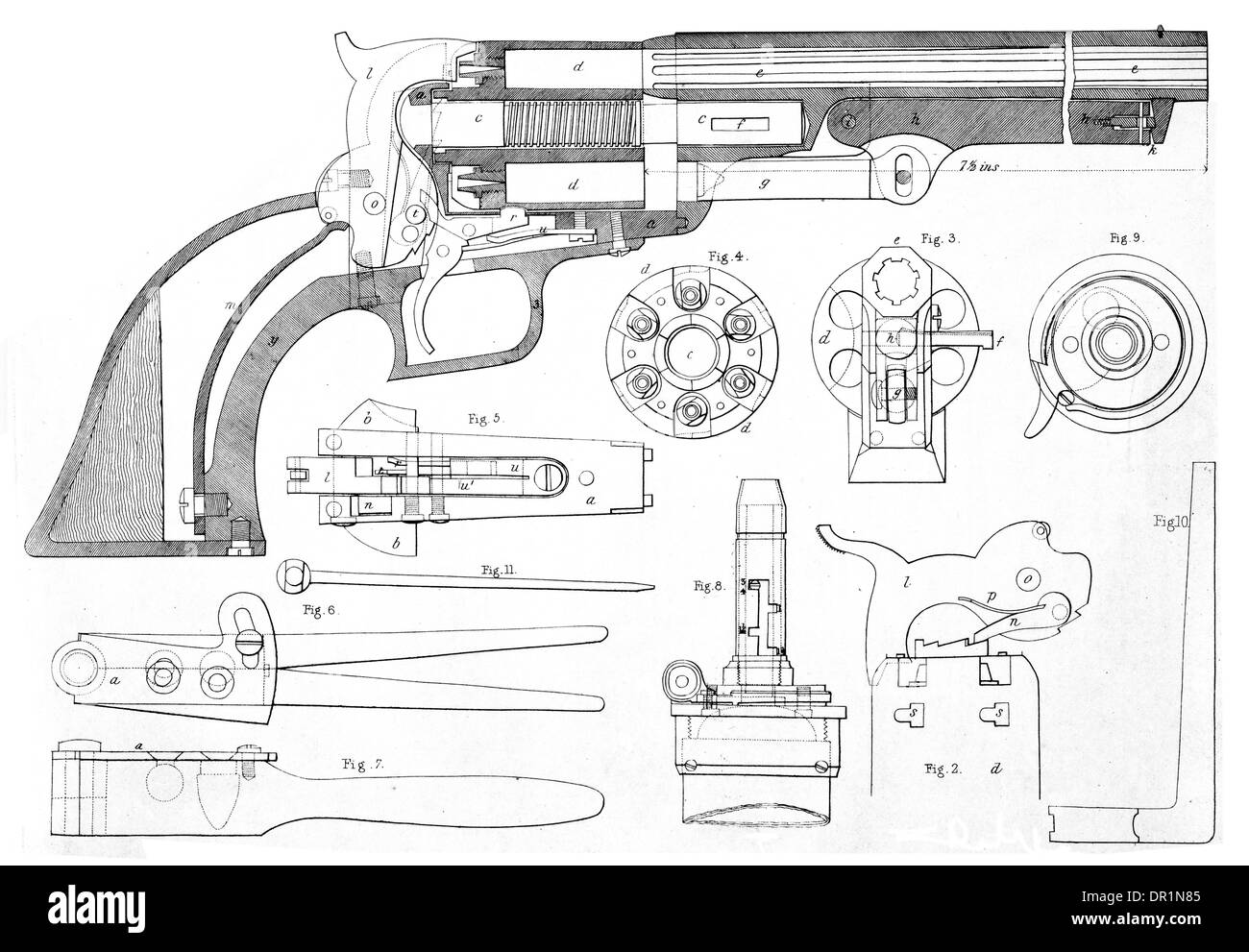 Il puledro di brevetto della pistola di ripetizione in sezione trasversale che mostra tutte le parti. circa 1889 Foto Stock