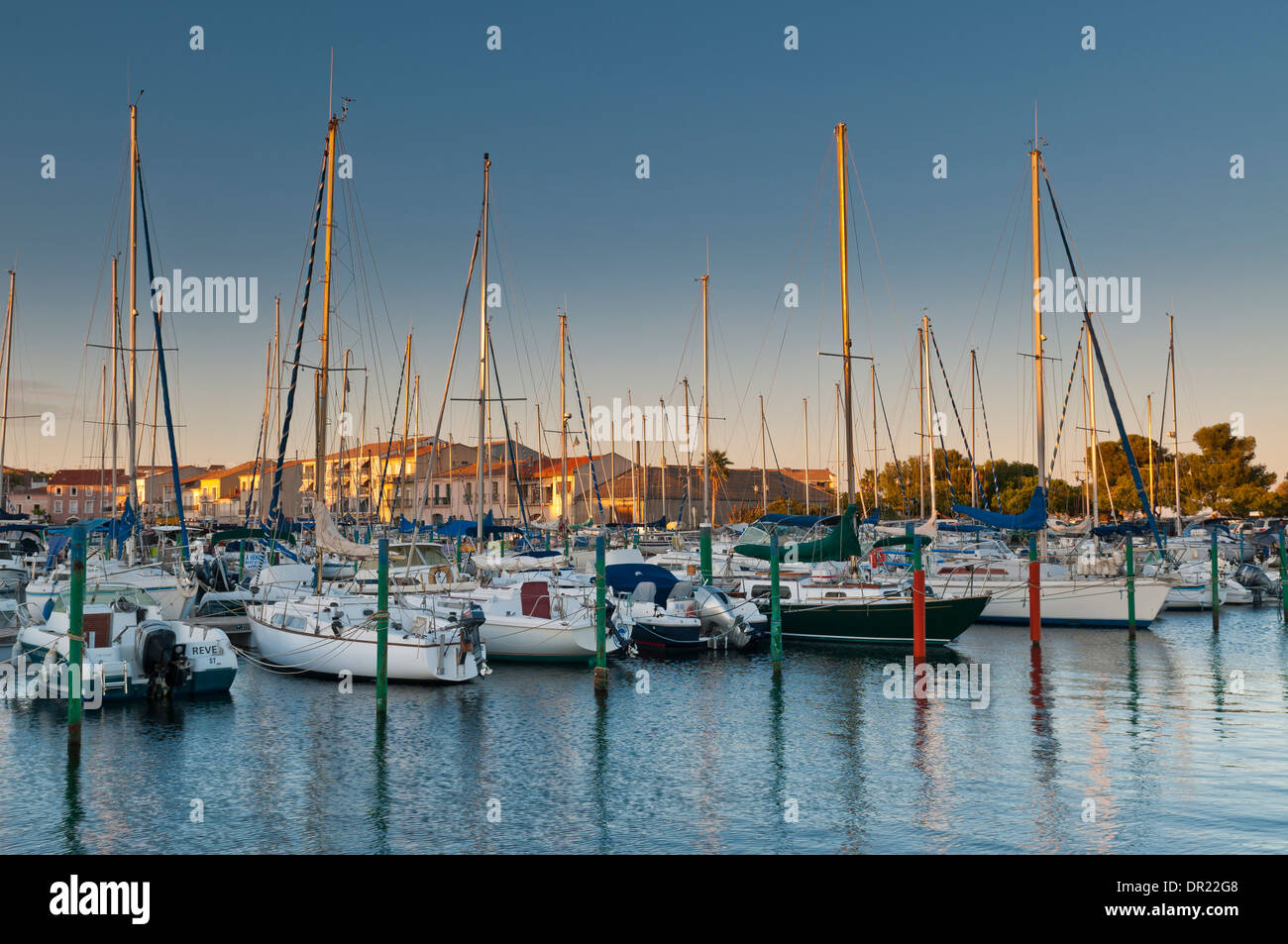 Barche ormeggiate lungo il bordo di Meze Harbor, nella città balneare di Meze, Herault, Languedoc Roussillon, Francia Foto Stock