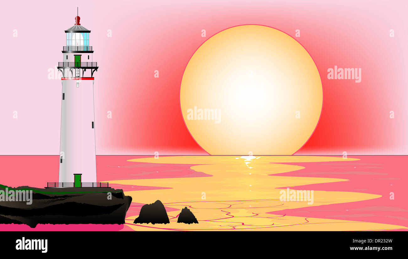 Un faro al tramonto, insieme contro una rosa del cielo e del mare Foto  stock - Alamy