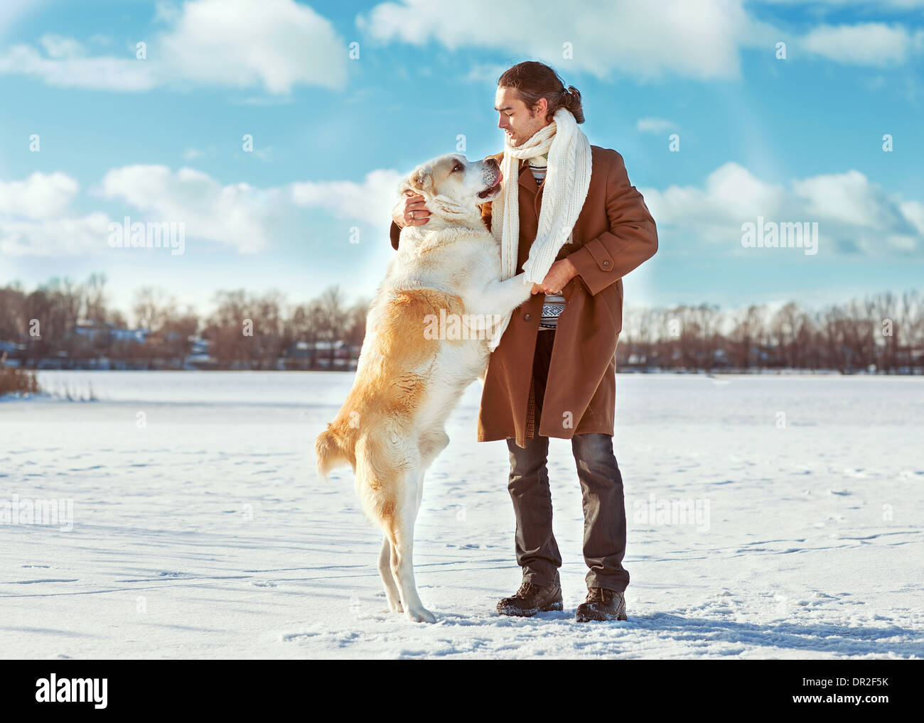 Uomo e dell Asia centrale pastore giocando con il suo cane all'aperto Foto Stock