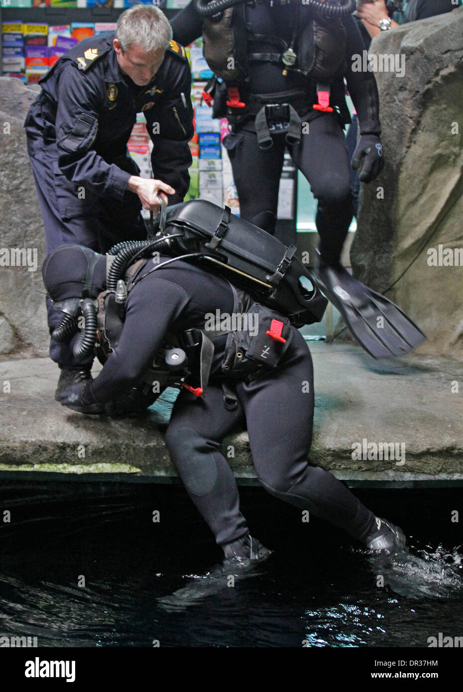 Vancouver, Canada. 18 gennaio, 2014. I tuffatori dal Royal Canadian Navy Dimostrare competenze subacquee sotto acqua durante i subacquei' evento di fine settimana a Vancouver in Canada, Gennaio 18, 2014. Il Vancouver Aquarium ha ospitato il suo quindicesimo Divers' Weekend, un evento annuale per la presentazione di varie attrezzature subacquee e fornendo i seminari per i visitatori a conoscere le immersioni. © Liang Sen/Xinhua/Alamy Live News Foto Stock Vancouver, Canada. 18 gennaio, 2014. I tuffatori dal Royal Canadian Navy Dimostrare competenze subacquee sotto acqua durante i subacquei' evento di fine settimana a Vancouver in Canada, Gennaio 18, 2014. Il Vancouver Aquarium ha ospitato il suo quindicesimo Divers' Weekend, un evento annuale per la presentazione di varie attrezzature subacquee e fornendo i seminari per i visitatori a conoscere le immersioni. © Liang Sen/Xinhua/Alamy Live News Foto Stock