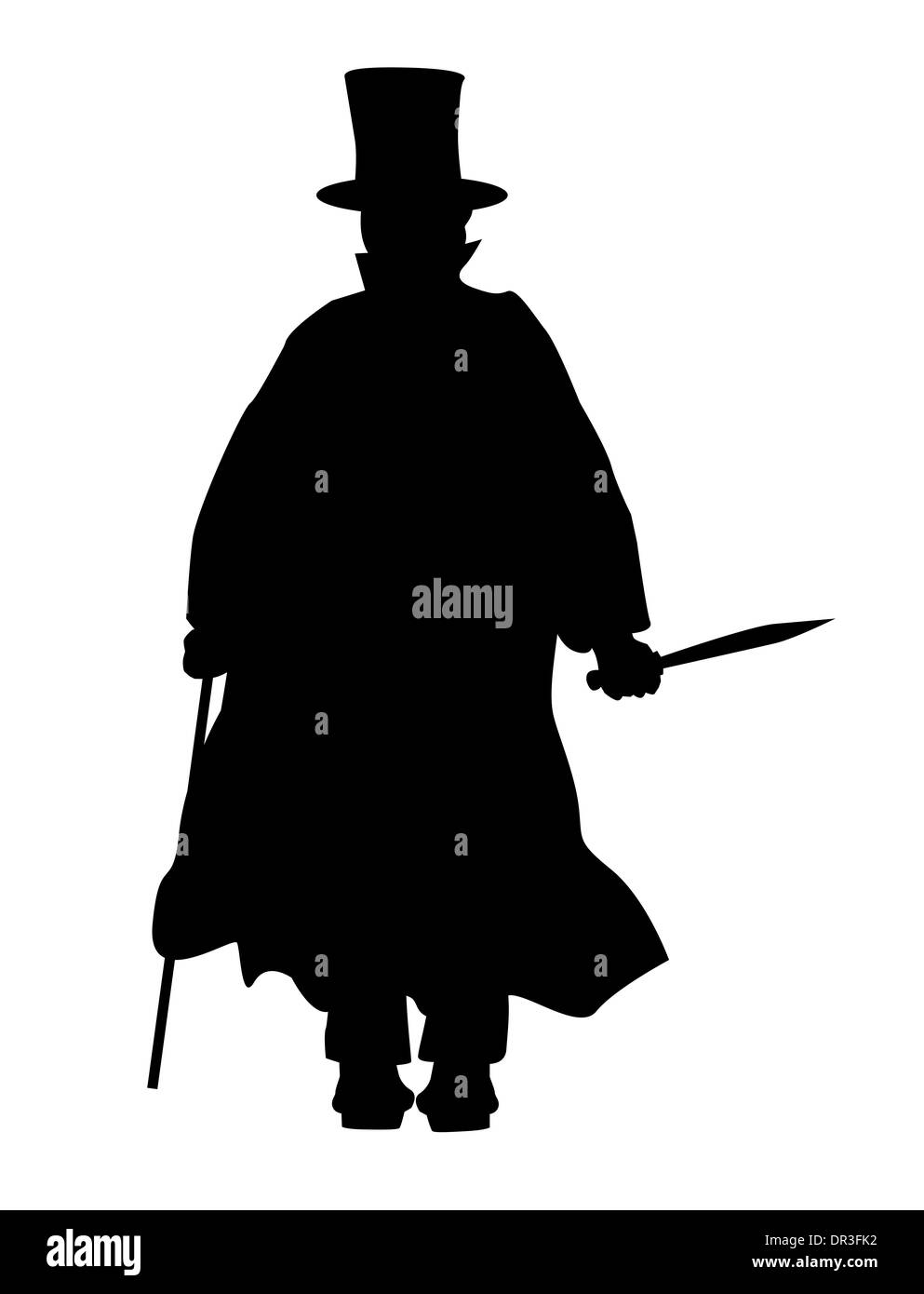 Jack the Ripper in silhouette su uno sfondo bianco. Foto Stock