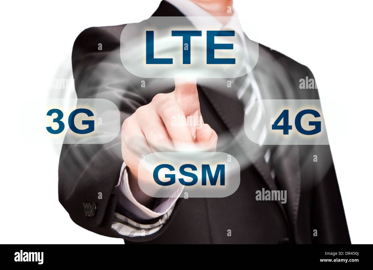 Imprenditore sta spingendo il suo dito sul pulsante lte Foto Stock