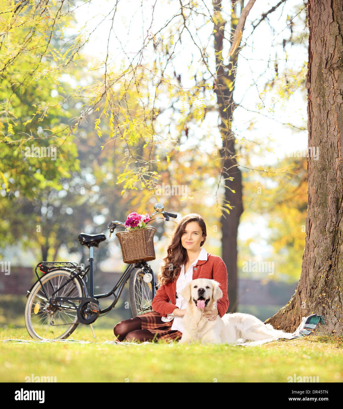 Bella donna seduta su un prato verde con il suo labrador retriever cane in un parco Foto Stock
