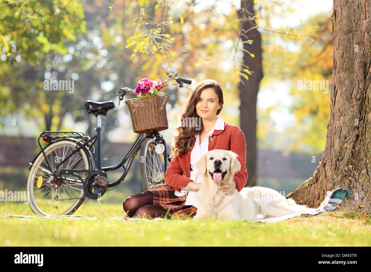 Bella donna seduta su un prato verde con il suo labrador retriever cane in un parco Foto Stock