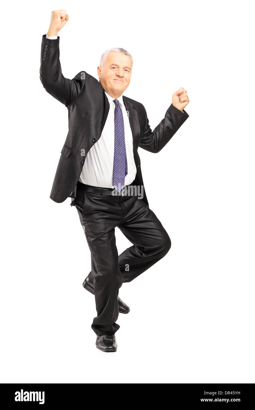 A piena lunghezza Ritratto di un imprenditore estatica con le mani in aria Foto Stock