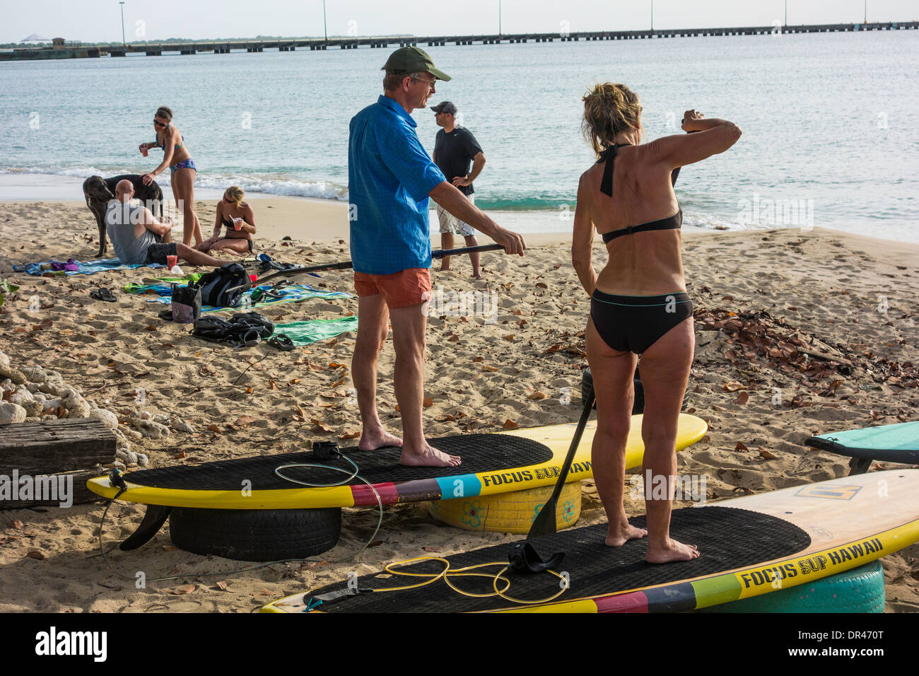 Un uomo e una donna pratica utilizzando stand up paddle boards prima di portarli in acqua di St. Croix, U.S. Isole vergini Foto Stock