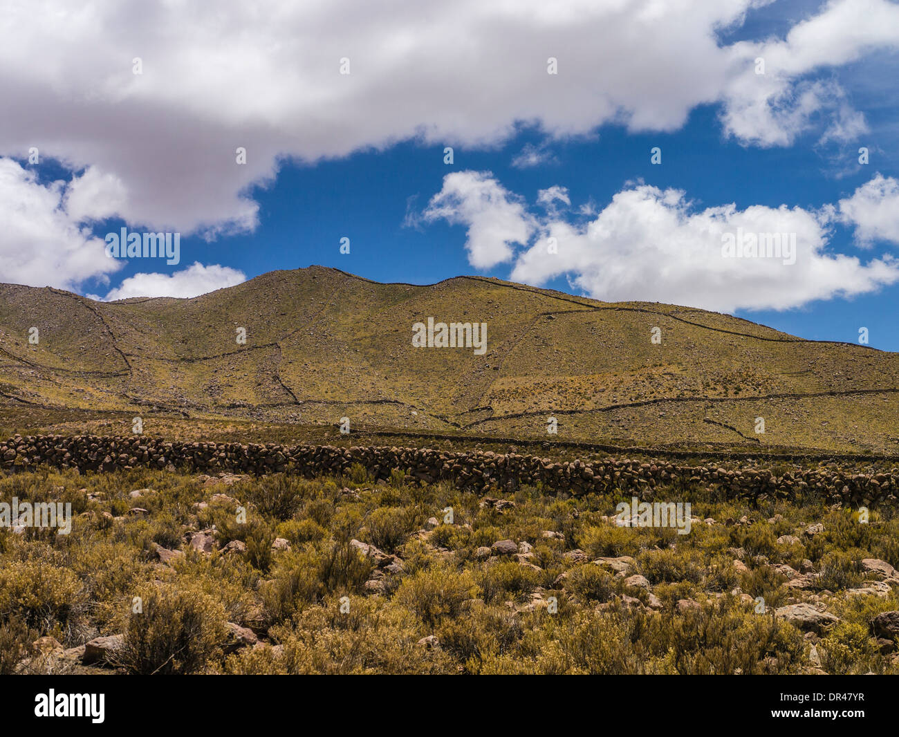 Pareti di roccia costruito per allevamento e agricoltura, alcuni risalenti all'era Inca, al di fuori di Tahua, Bolivia vicino al Salar de Uyuni. Foto Stock
