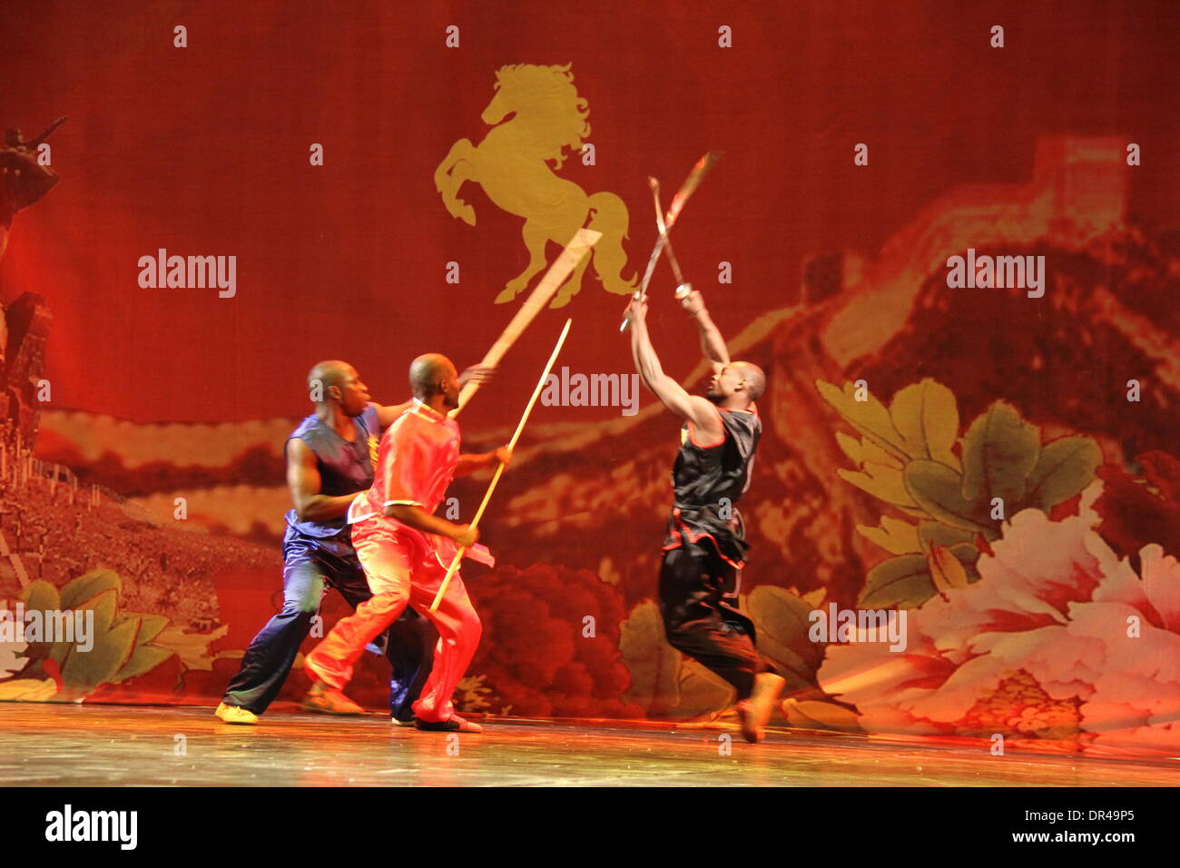 Dakar, Senegal. Xix gen, 1914. Memebers da senegalesi arti marziali team effettuano Kung Fu durante una performance dalla cina henan Troupe di arte di Dakar in Senegal, gennaio 19, 1914. Credito: Tai Jianqiu/Xinhua/Alamy Live News Foto Stock