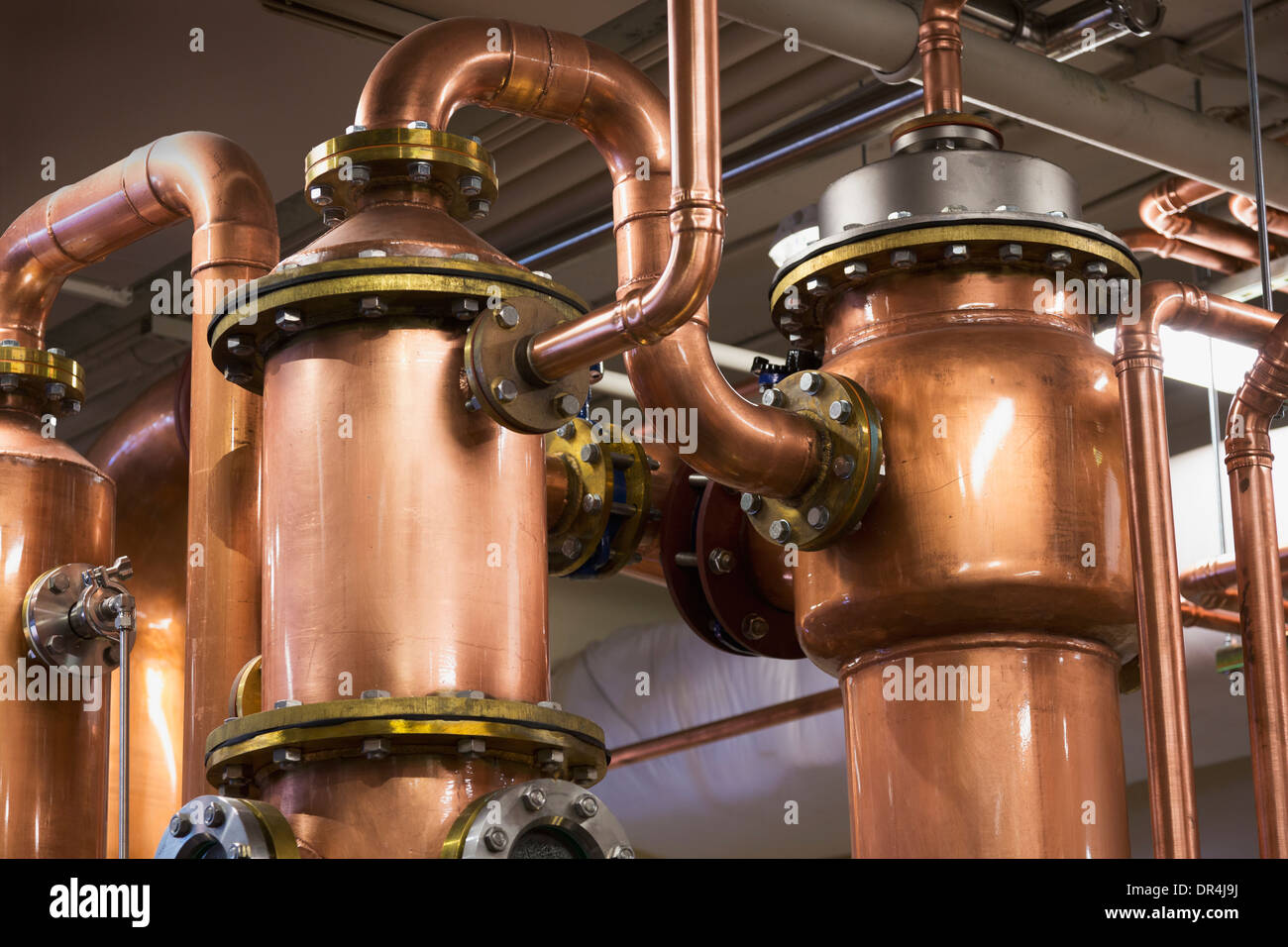 Close up di alambicchi di rame in distilleria Foto Stock