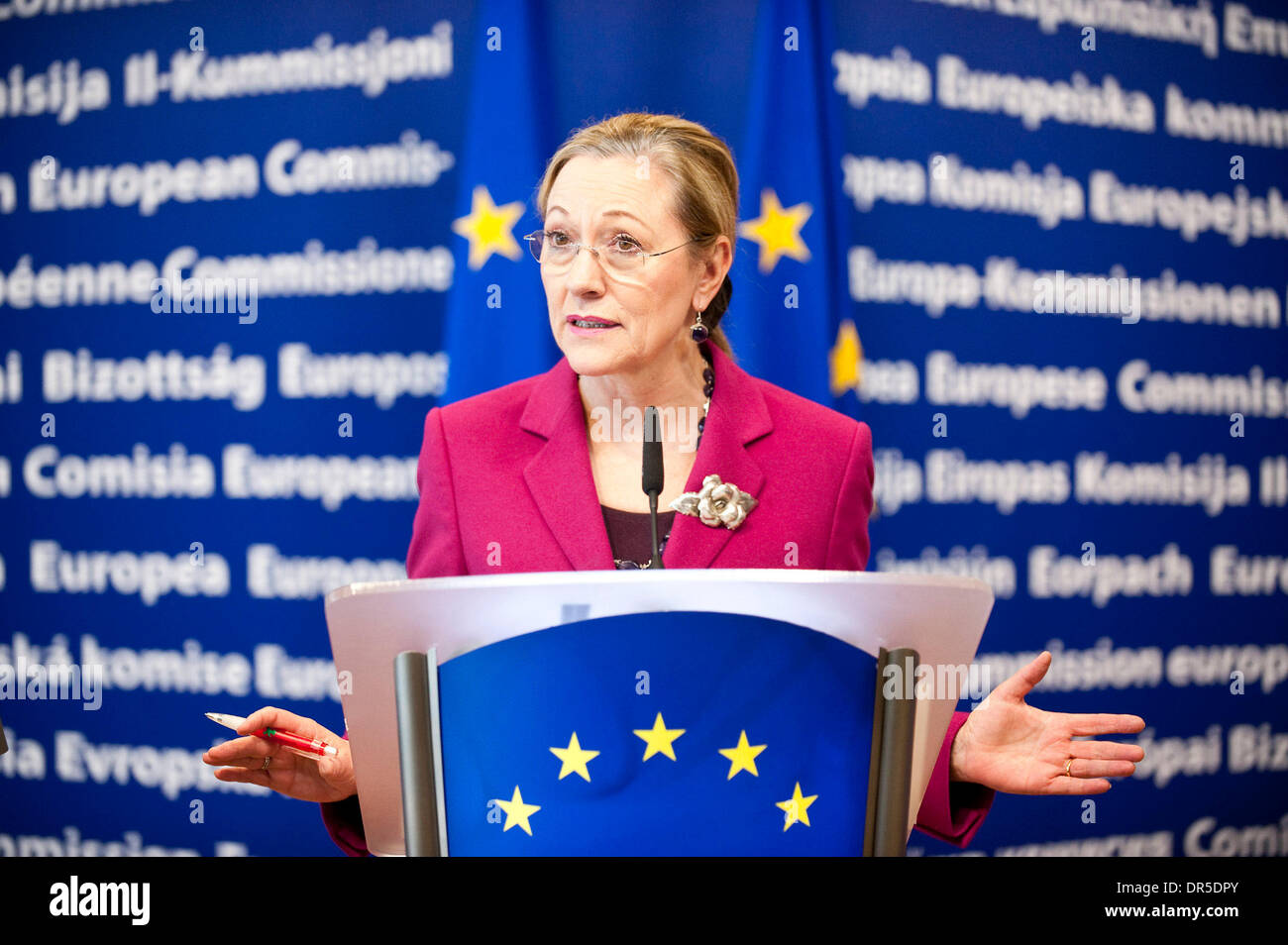 Austrian Commissario UE Benita FERRERO-WALDNER, nella foto durante una pressa confere dopo il loro incontro nella sede centrale della Commissione europea a Bruxelles, in Belgio il 2009-02-26. Petizione firmatari sono chiede alla Commissione europea di fine inutili sofferenze di milioni di animali trasportati su lunghe distanze in Europa. Foto Stock