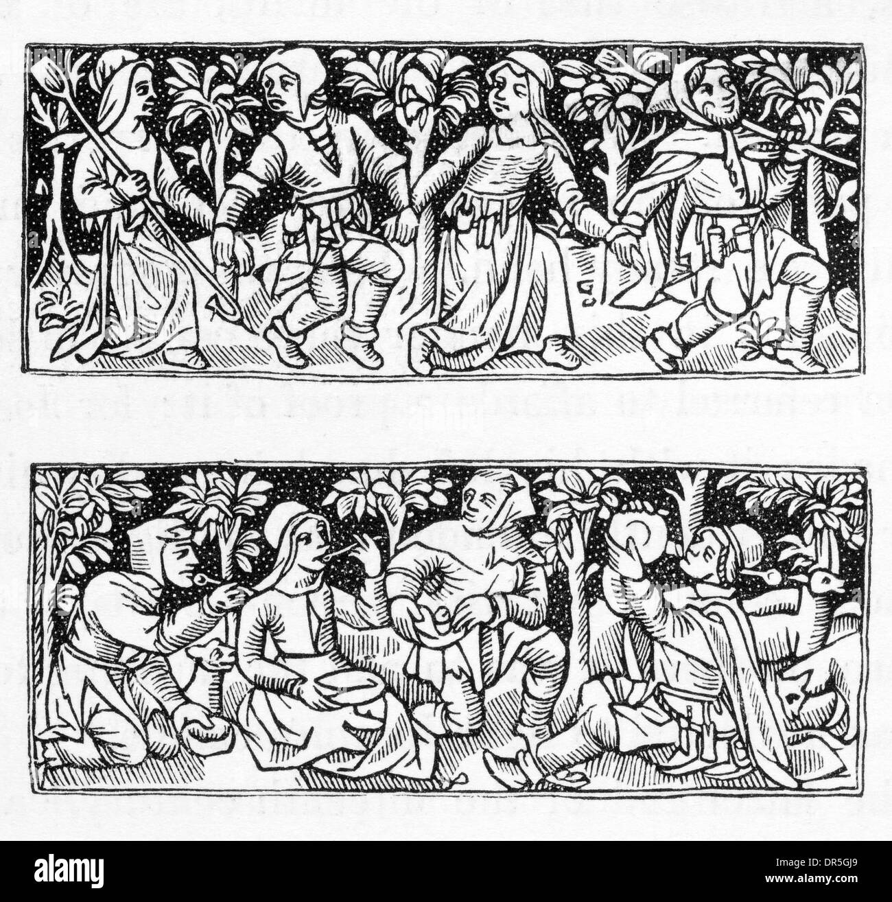 I contadini dancing e livellarsi, dall'Heures a L'Usaige de Chartres, stampato a Parigi da Simon Vostre 1502 Foto Stock