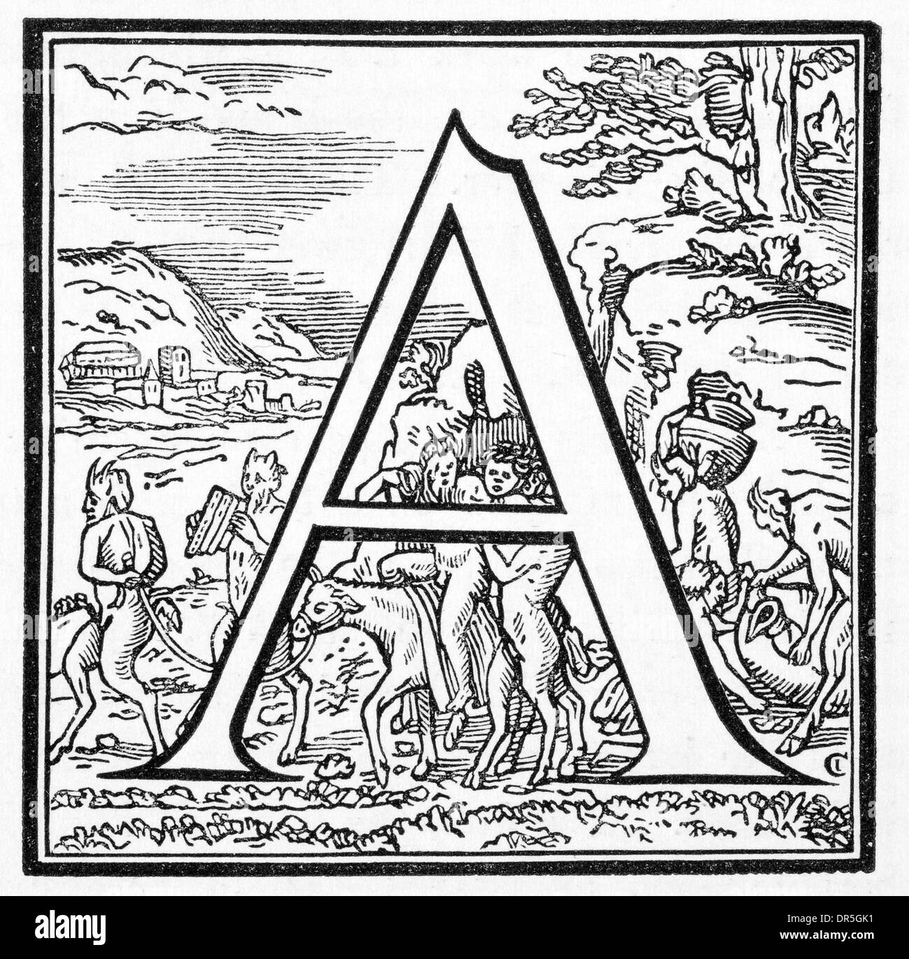 La lettera A maiuscola dal vetro Cosmographical, pubblicata a Londra 1559 Foto Stock