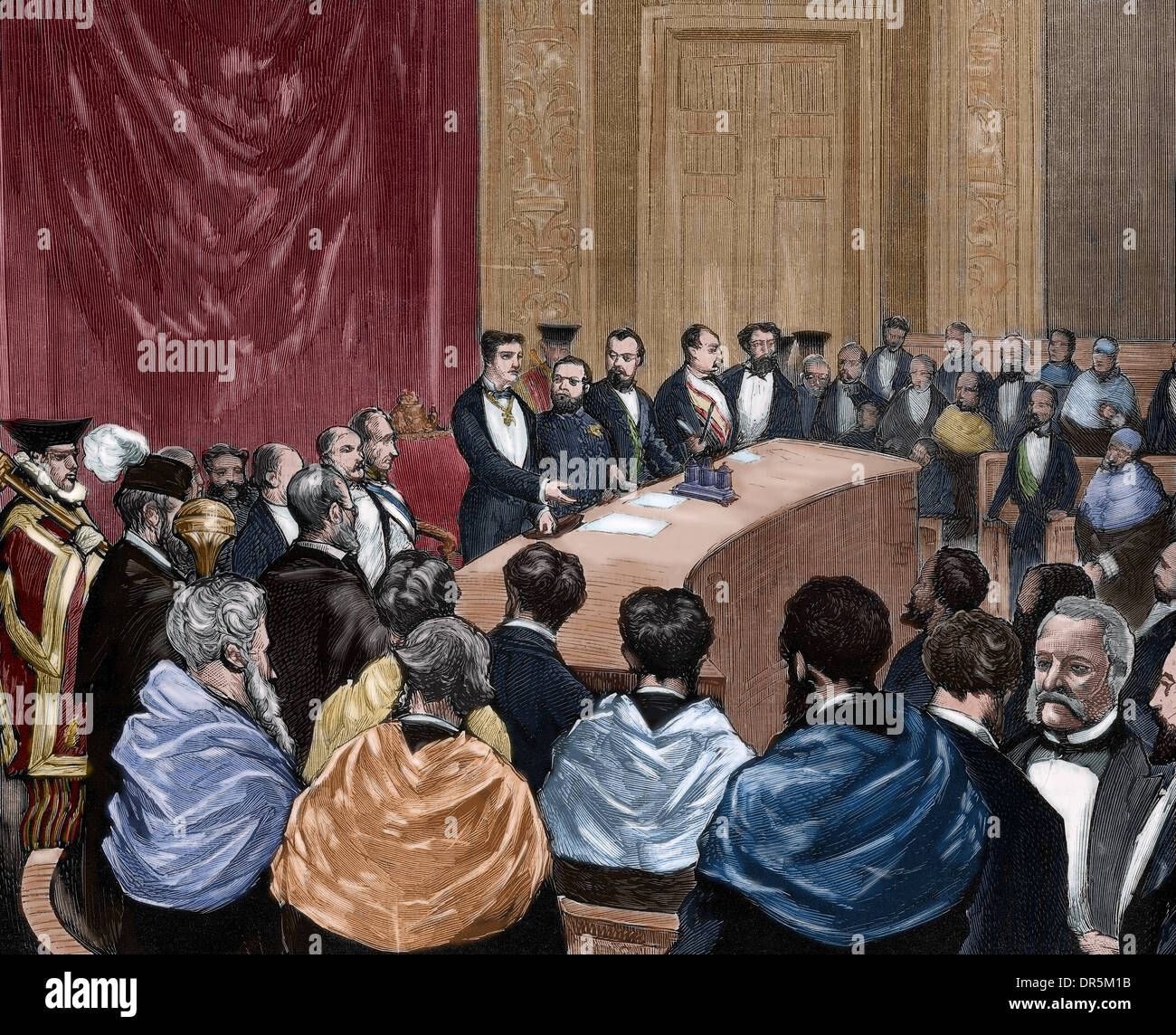 Alphonse XII (1857-1885). Re di Spagna. Il Re inaugurando il settore agricolo conferenze. Incisione. Colorati. Foto Stock