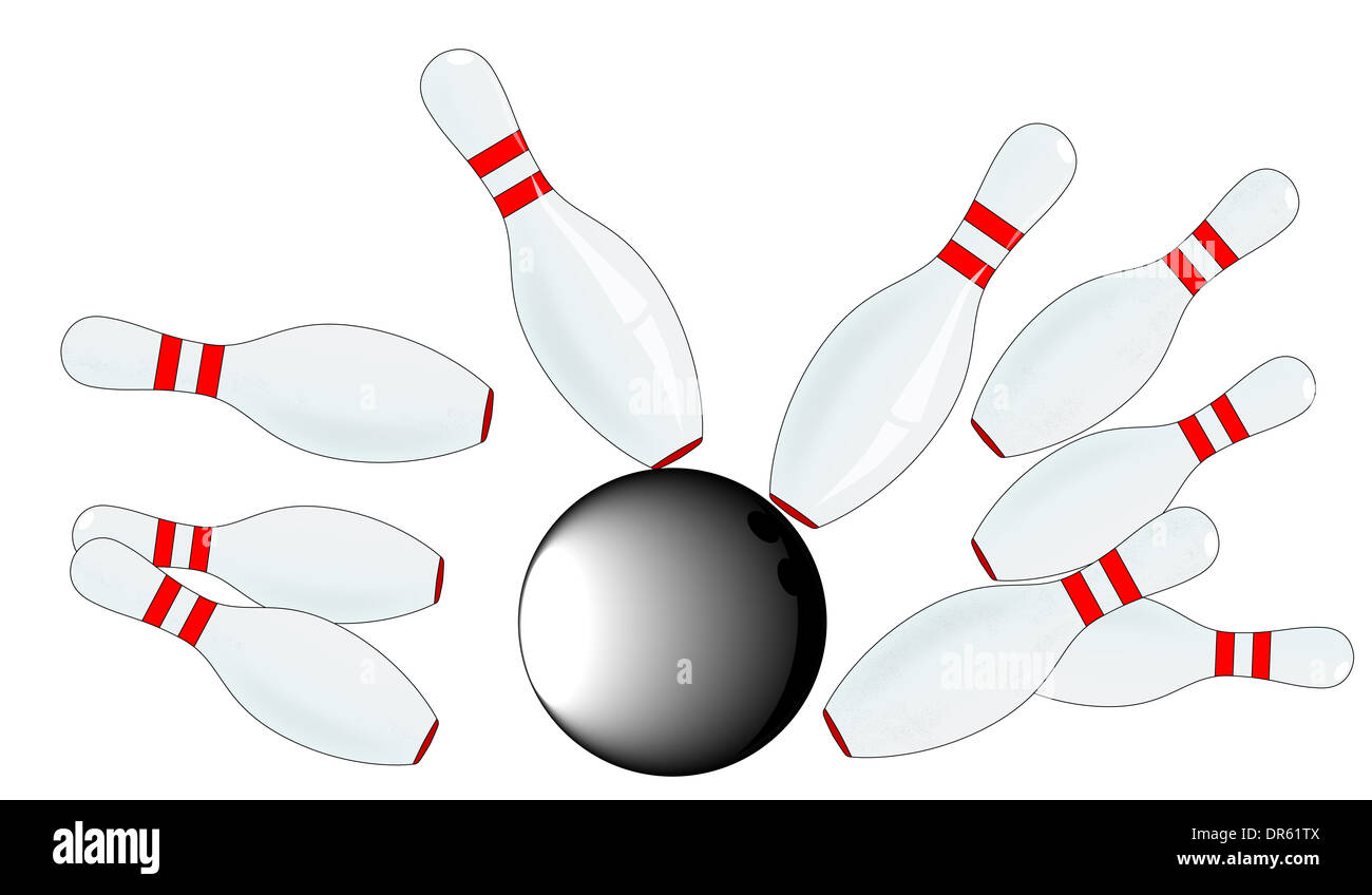 Un gruppo di dieci pin chiglia e una palla da bowling, isolato su bianco. Foto Stock
