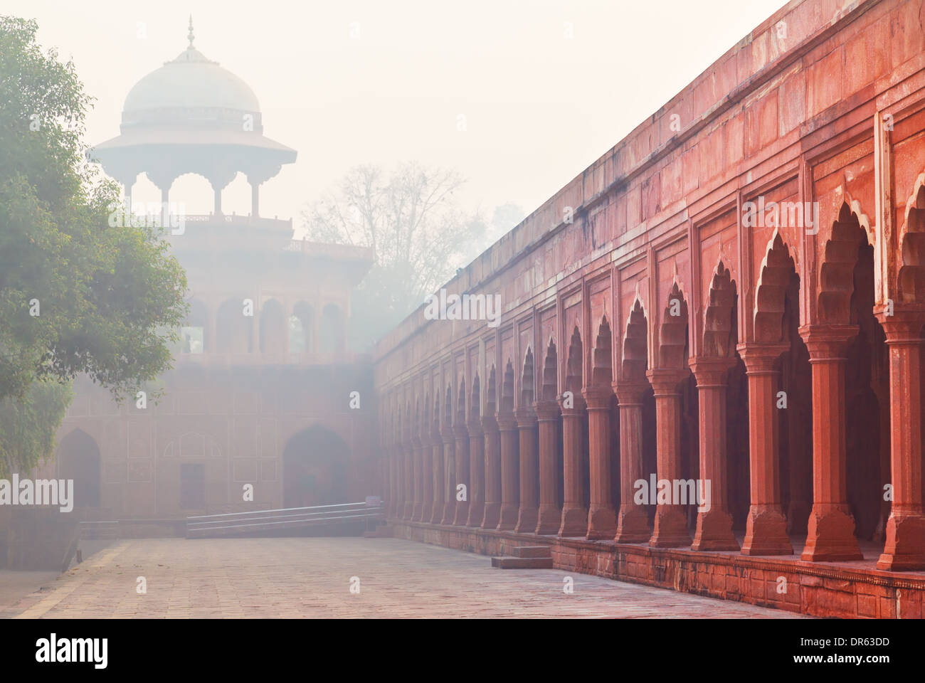 Parete divisoria del giardino formale (Charbagh o giardino Mughal) nella parte anteriore del Taj Mahal di nebbia di mattina Foto Stock
