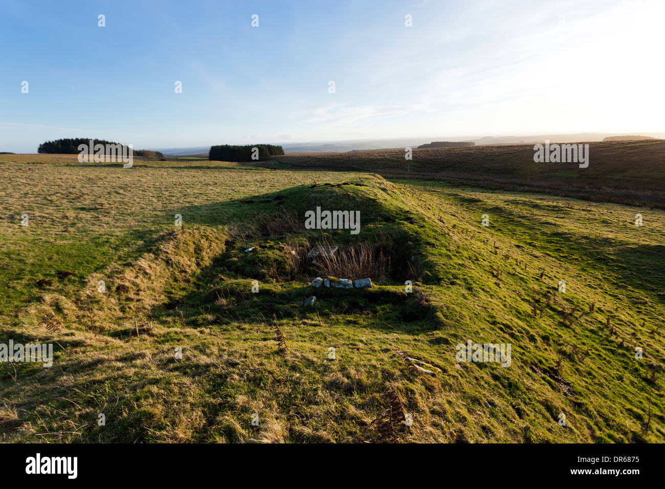 I resti di Brocolitia, un Roman Fort ausiliario sul vallo di Adriano a Carrawburgh Northumberland, Regno Unito Foto Stock