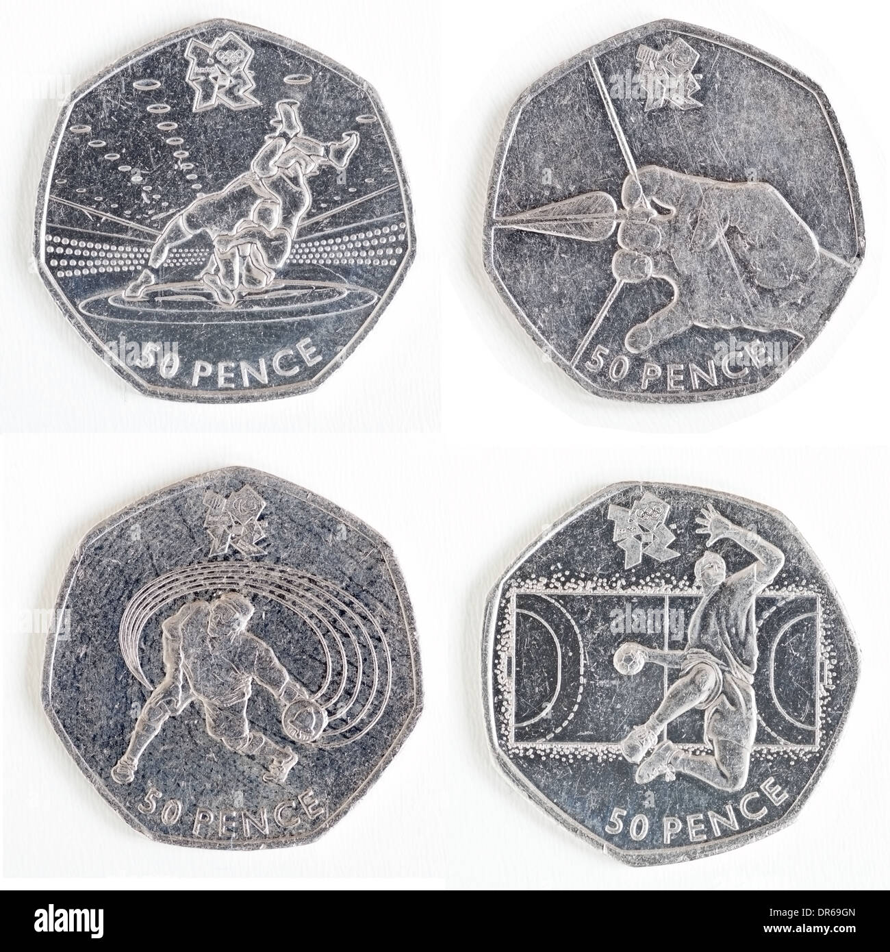 Raccolta delle Olimpiadi di Londra commemorativa giochi 50 pence monete, il lato di retromarcia Foto Stock