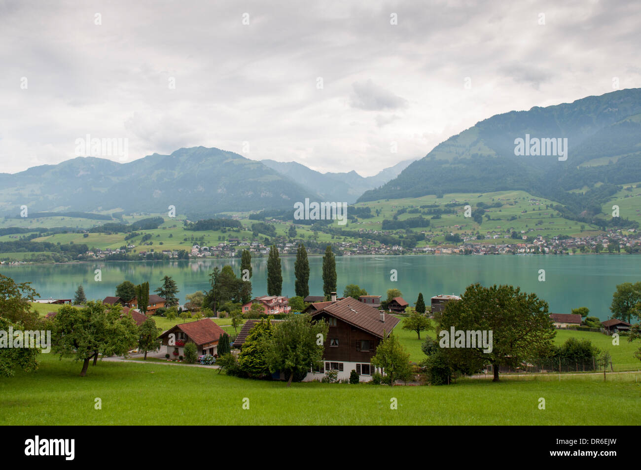 Vista sul Lago di Sarnen (Sarnersee) verso Sachseln da Oberwilerstrasse sul ciclo nazionale route 4 (Alpenpanorama Route) Foto Stock