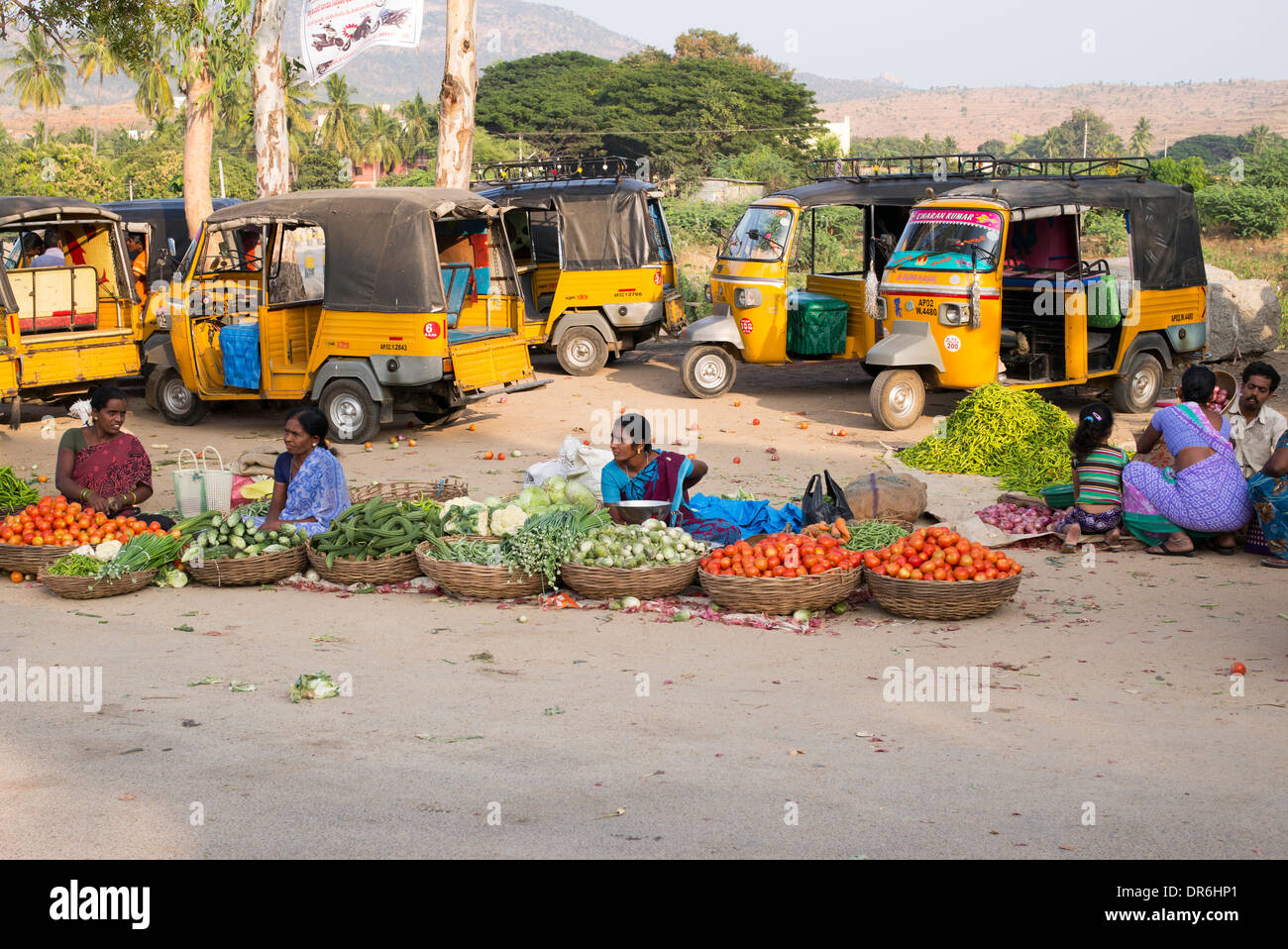 Le donne indiane vendita di ortaggi da cestelli in corrispondenza di una strada del mercato di Puttaparthi, Andhra Pradesh, India Foto Stock