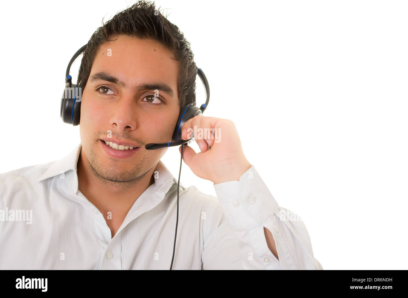 Call center operatore maschio isolato su bianco Foto Stock