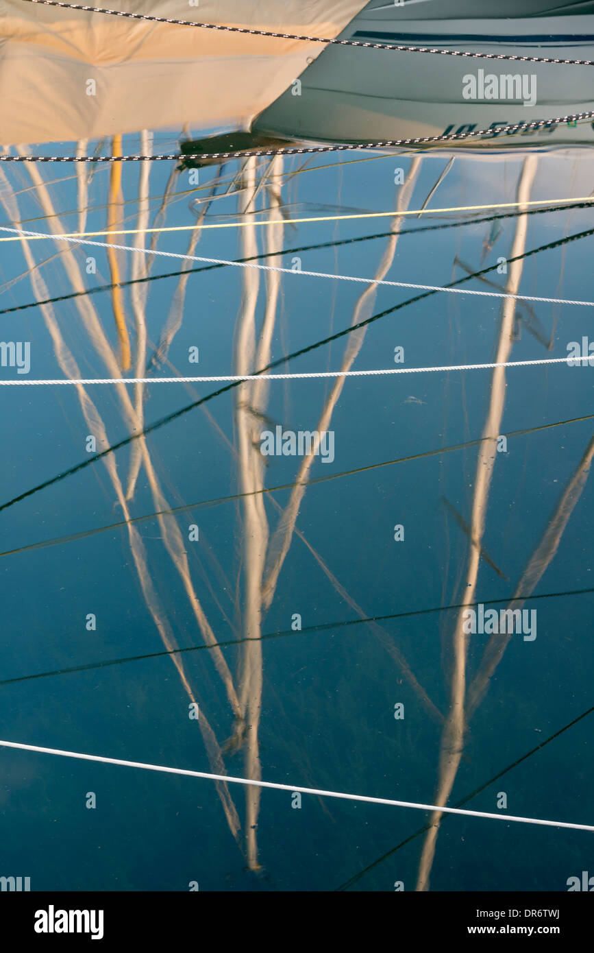 La Svizzera, Altnau, Marina, riflessioni di alberi a vela Foto Stock