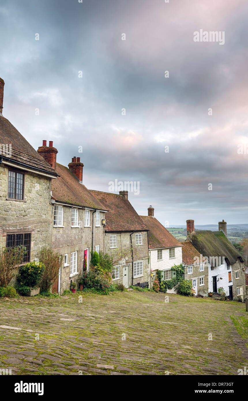 Una fila di pittoreschi cottage inglese a Gold Hill in Shaftesbury, Dorset Foto Stock