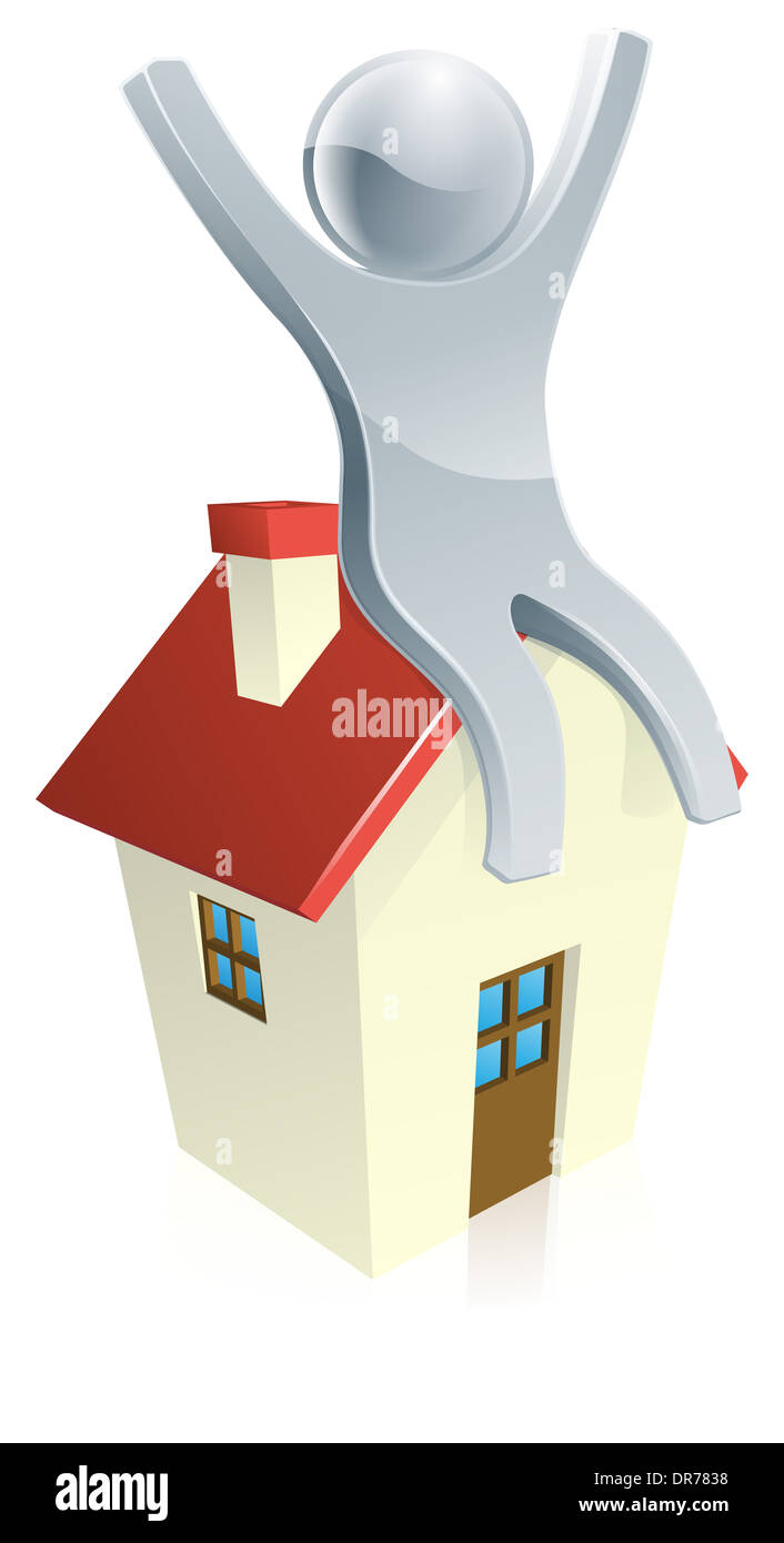 Felice la persona in argento su una casa con le mani alzate. Potrebbe essere un concetto per trovare una perfetta prima casa o ipoteca Foto Stock