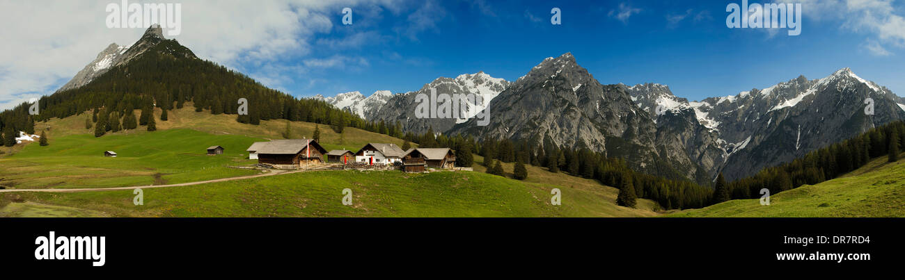 Walder Alm pascolo alpino, con catena Vomper nella parte posteriore, montagne Karwendel, Tirolo, Austria, Europa Foto Stock