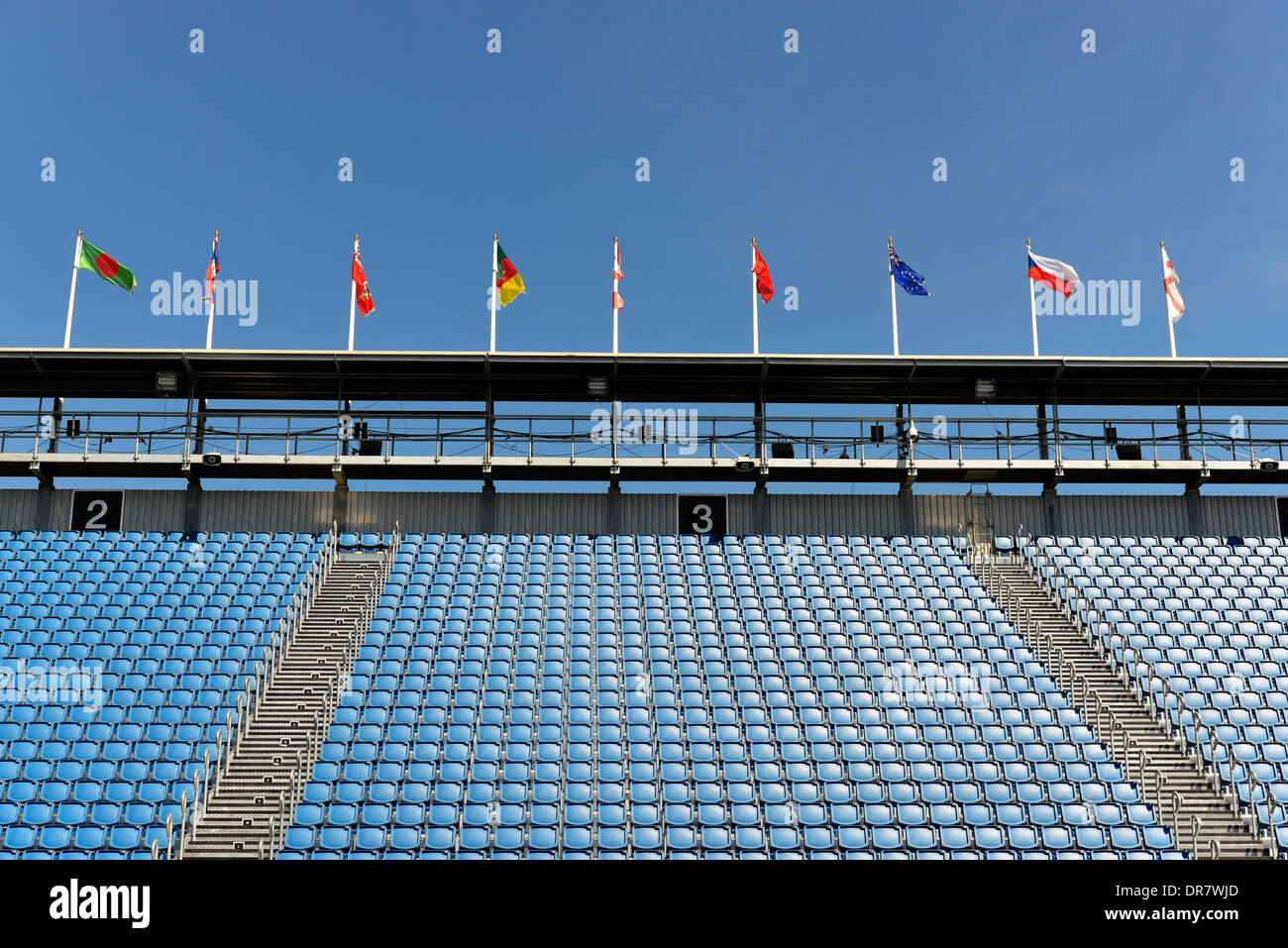 Tribune vuote, Edinburgh Tattoo militare, il Castello di Edimburgo, Edimburgo, Scozia, Regno Unito Foto Stock