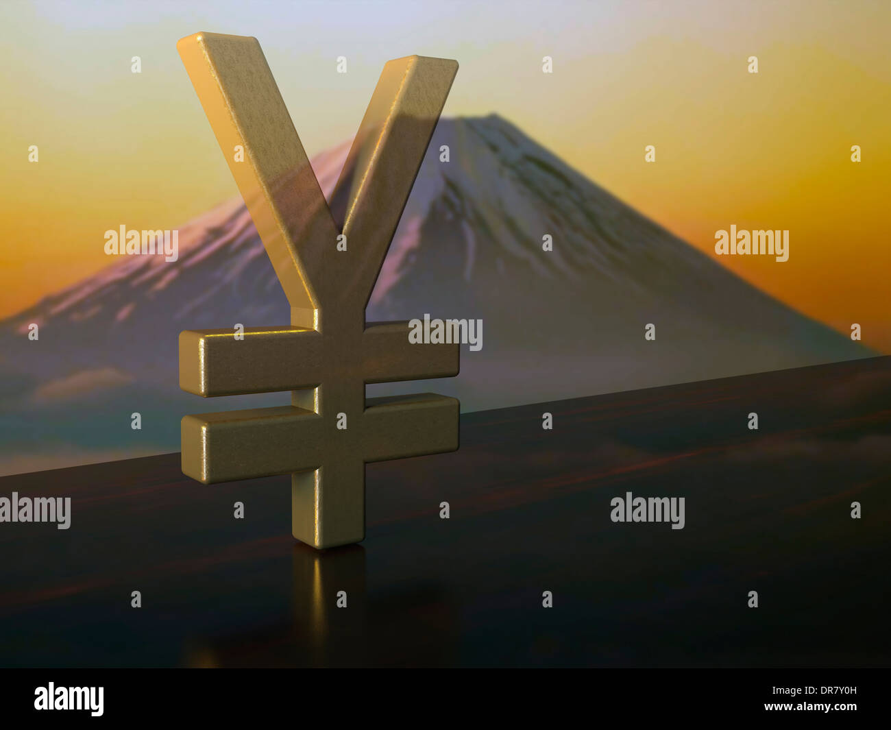 Yen simbolo di valuta in bronzo su legno di ebano Foto Stock